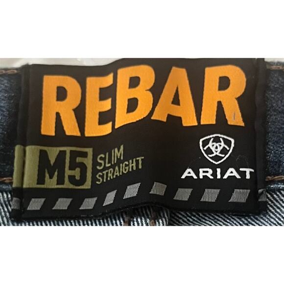 ARIAT REBAR M5 STRAIGHT SLIM HI-RISE DISTRESSED JEANS, MENS, 35X32, DENIM BLUE - Picture 10 of 12